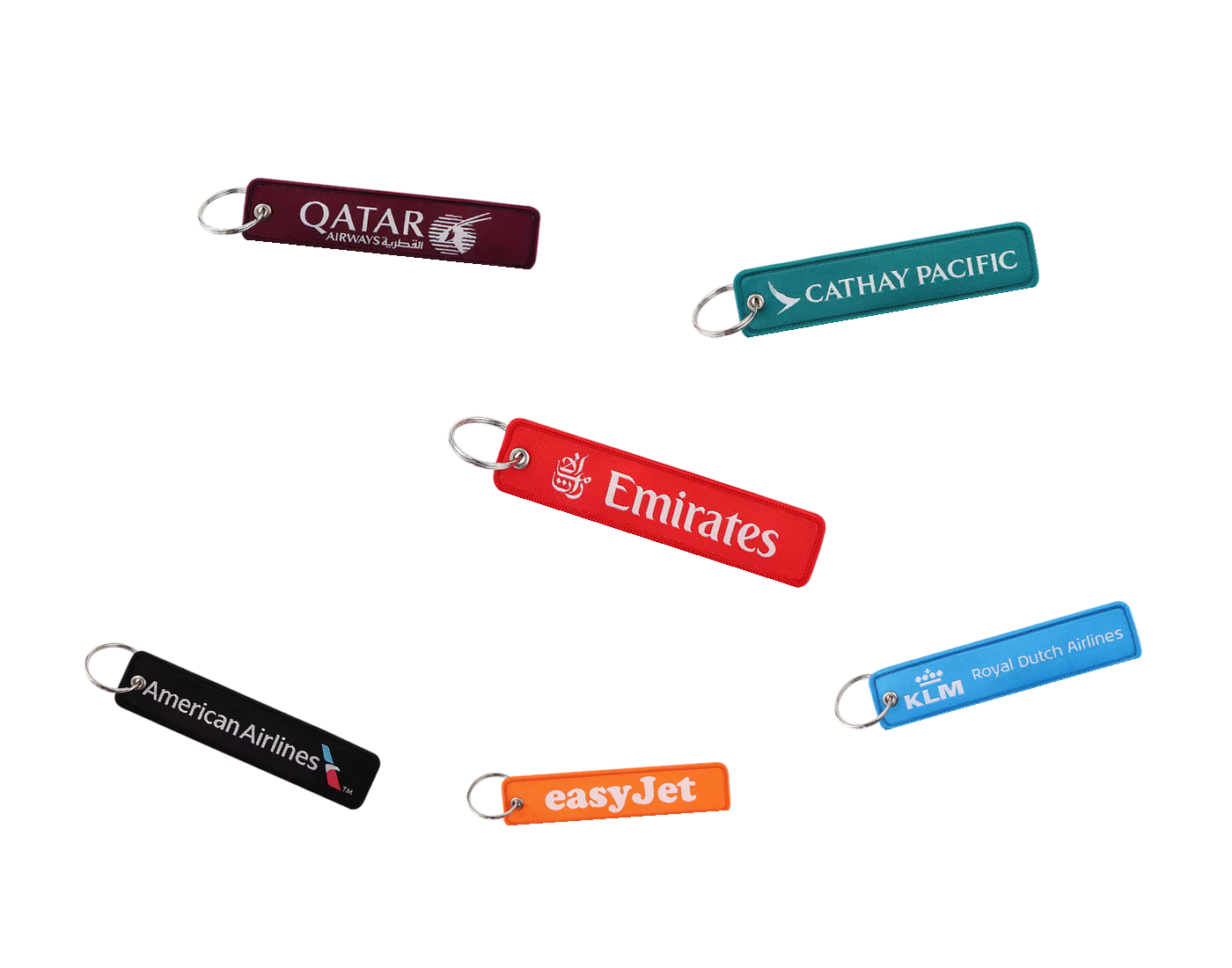 A collection of woven airline keytags from Hangar
